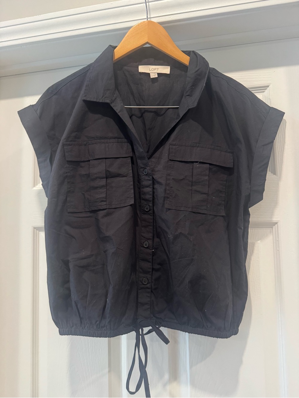 LOFT Black Cropped Button-Front Utility Top